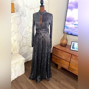 Betsy & Adam Metallic Silver Long Sleeve Gown Black Metallic Plisse ICONIC! 🔥